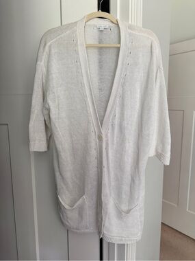 J. Jill Linen Lightweight White Open-Front Knit Cardigan short Sleeve long